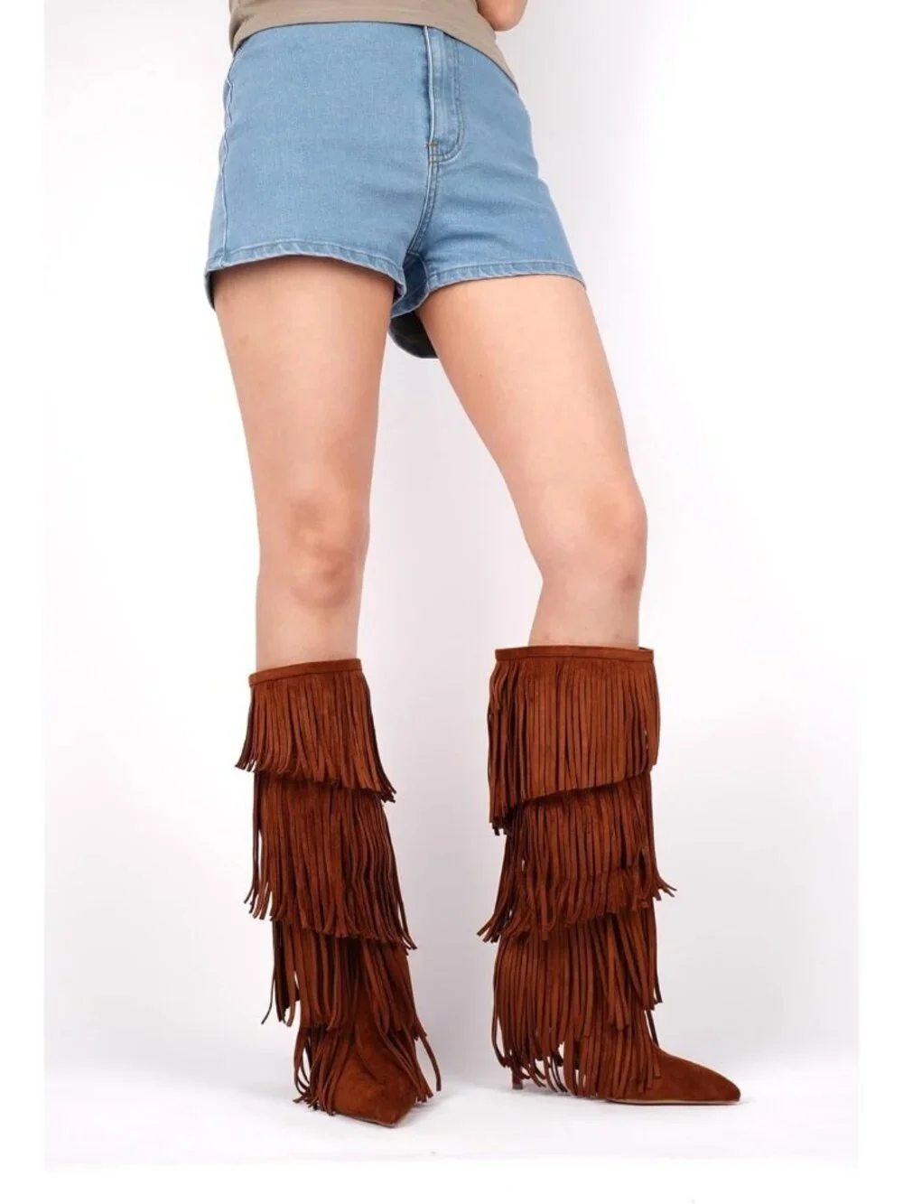 Women's Brown Faux Suede Pointed Toe Stylish Sequins Winter Stiletto Bootie - Picture 2 of 6